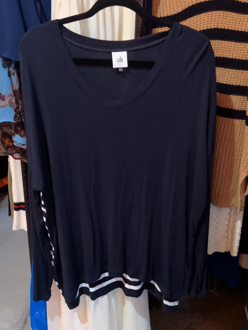 CAbi Navy Long Sleeve Scoop Neck Top with Stripe Hem